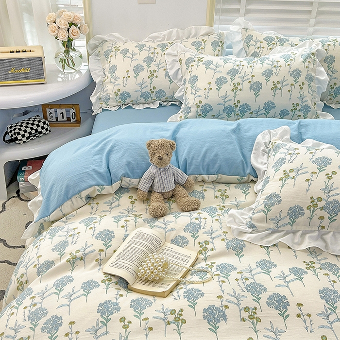 91家纺网 家纺一手货源 找家纺 澳梵 2023新款【怦然心动】系列-水洗棉麻双层纱四件套 海芋恋人-蓝