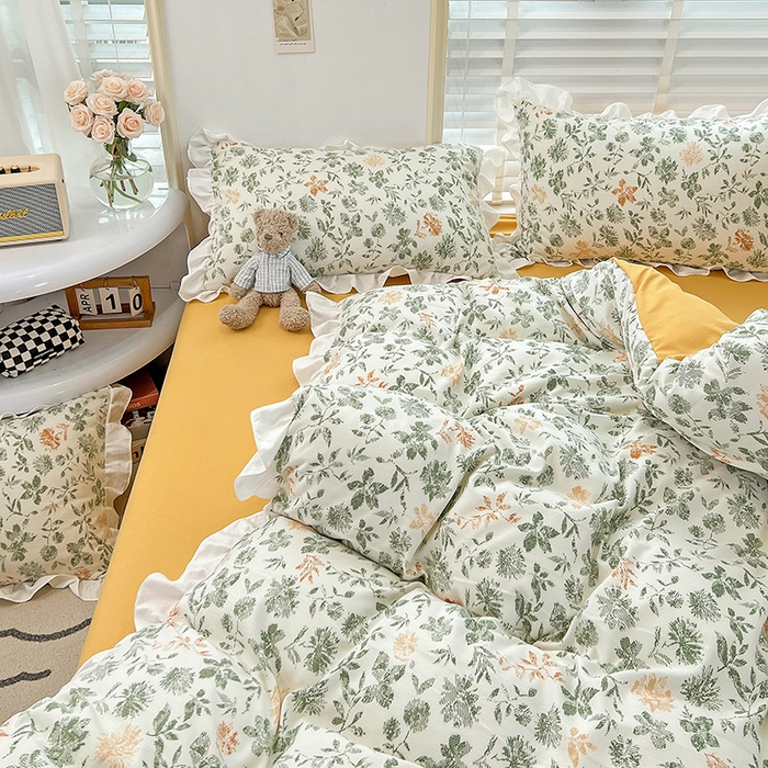 91家纺网 家纺一手货源 找家纺 澳梵 2023新款【怦然心动】系列-水洗棉麻双层纱四件套 绿影