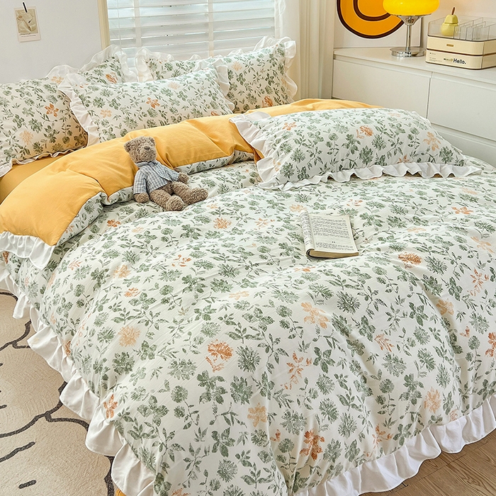 91家纺网 家纺一手货源 找家纺 澳梵 2023新款【怦然心动】系列-水洗棉麻双层纱四件套 绿影