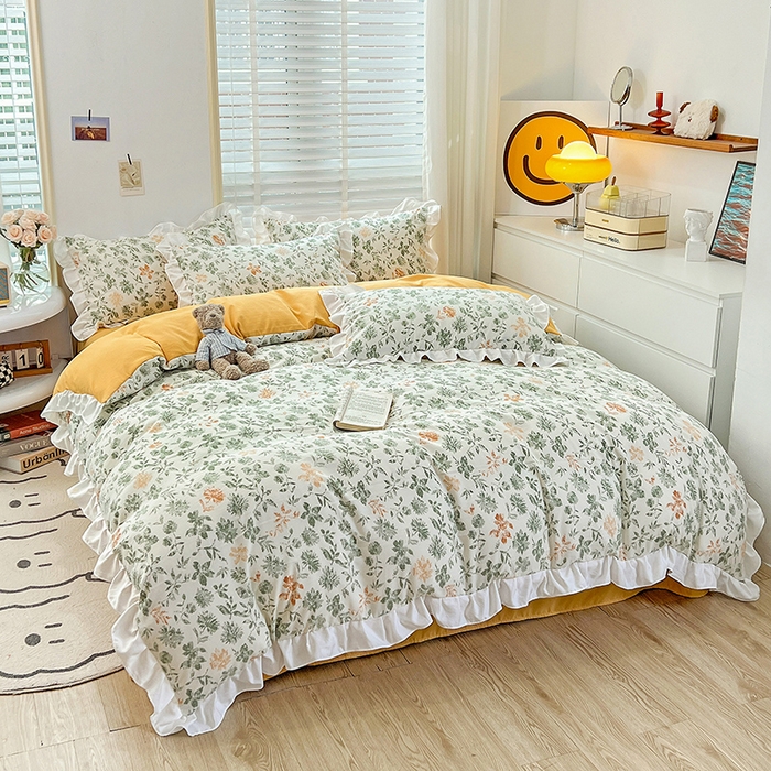 91家纺网 家纺一手货源 找家纺 澳梵 2023新款【怦然心动】系列-水洗棉麻双层纱四件套 绿影