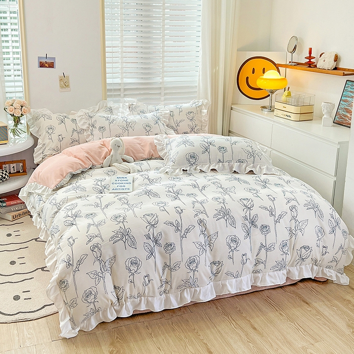 91家纺网 家纺一手货源 找家纺 澳梵 2023新款【怦然心动】系列-水洗棉麻双层纱四件套 情书