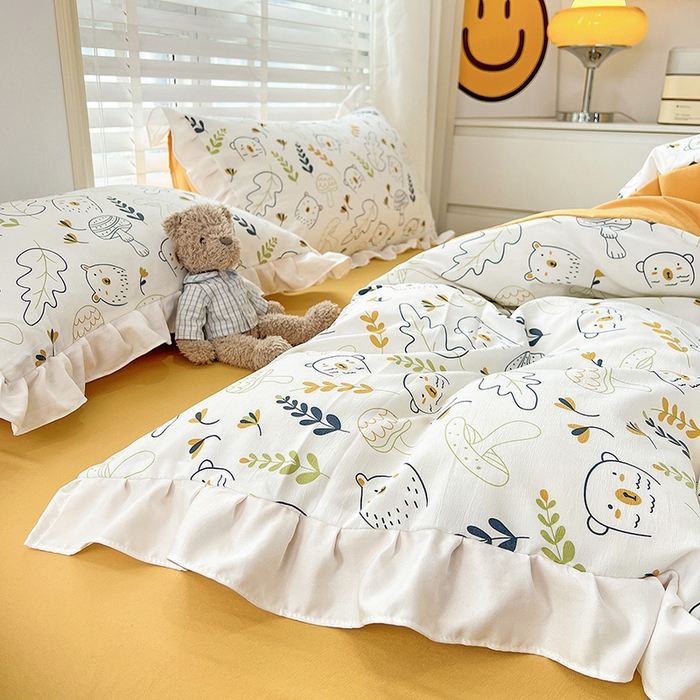 91家纺网 家纺一手货源 找家纺 澳梵 2023新款【怦然心动】系列-水洗棉麻双层纱四件套 萌萌熊