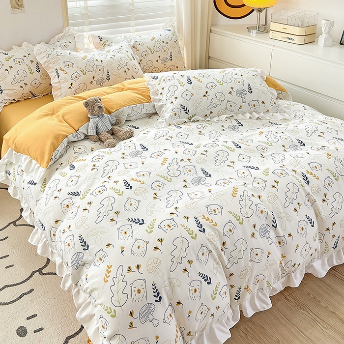 91家纺网 家纺一手货源 找家纺 澳梵 2023新款【怦然心动】系列-水洗棉麻双层纱四件套 萌萌熊