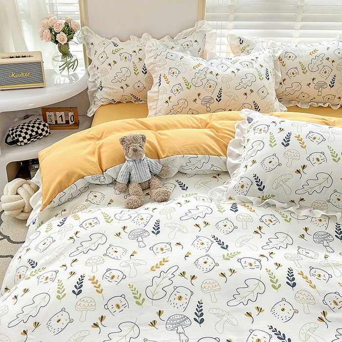 91家纺网 家纺一手货源 找家纺 澳梵 2023新款【怦然心动】系列-水洗棉麻双层纱四件套 萌萌熊