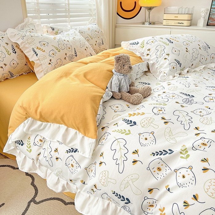 91家纺网 家纺一手货源 找家纺 澳梵 2023新款【怦然心动】系列-水洗棉麻双层纱四件套 萌萌熊