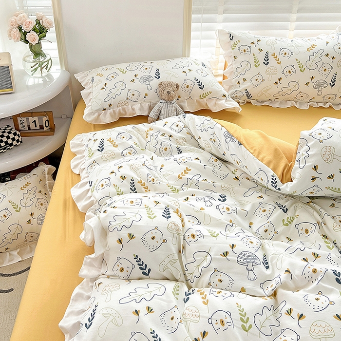 91家纺网 家纺一手货源 找家纺 澳梵 2023新款【怦然心动】系列-水洗棉麻双层纱四件套 萌萌熊