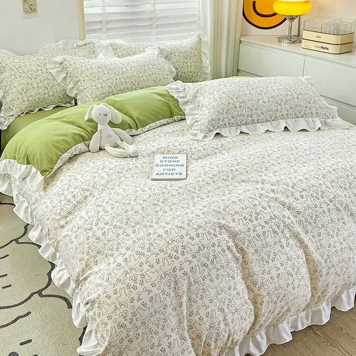 91家纺网 家纺一手货源 找家纺 澳梵 2023新款【怦然心动】系列-水洗棉麻双层纱四件套 小情歌