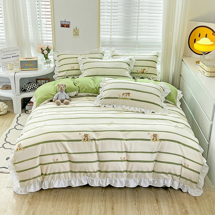 91家纺网 家纺一手货源 找家纺 澳梵 2023新款【怦然心动】系列-水洗棉麻双层纱四件套 小鹿兔