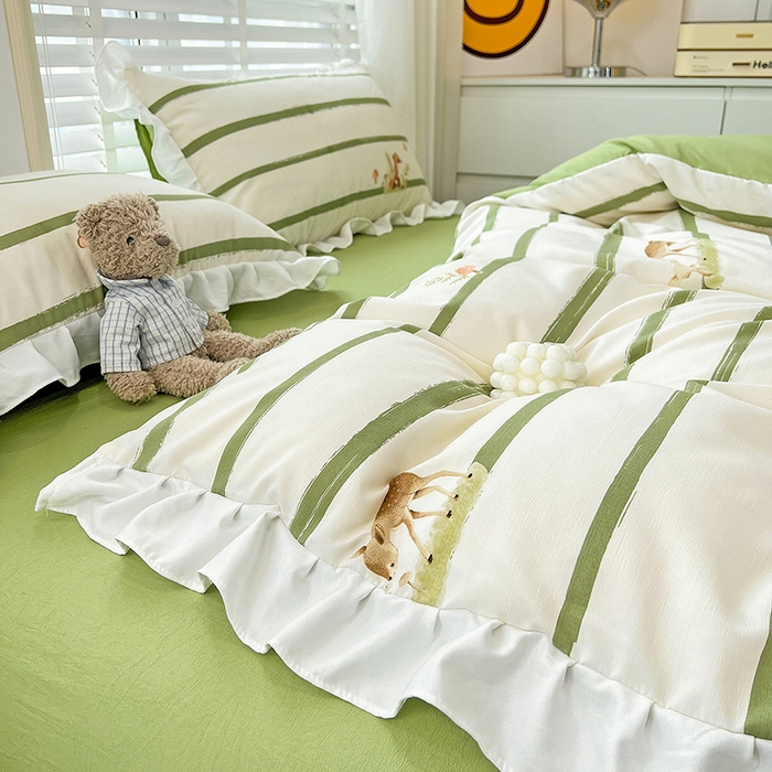 91家纺网 家纺一手货源 找家纺 澳梵 2023新款【怦然心动】系列-水洗棉麻双层纱四件套 小鹿兔