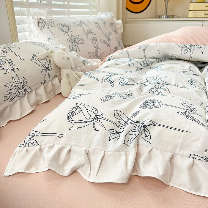 91家纺网 家纺一手货源 找家纺 澳梵 2023新款【怦然心动】系列-水洗棉麻双层纱四件套 情书