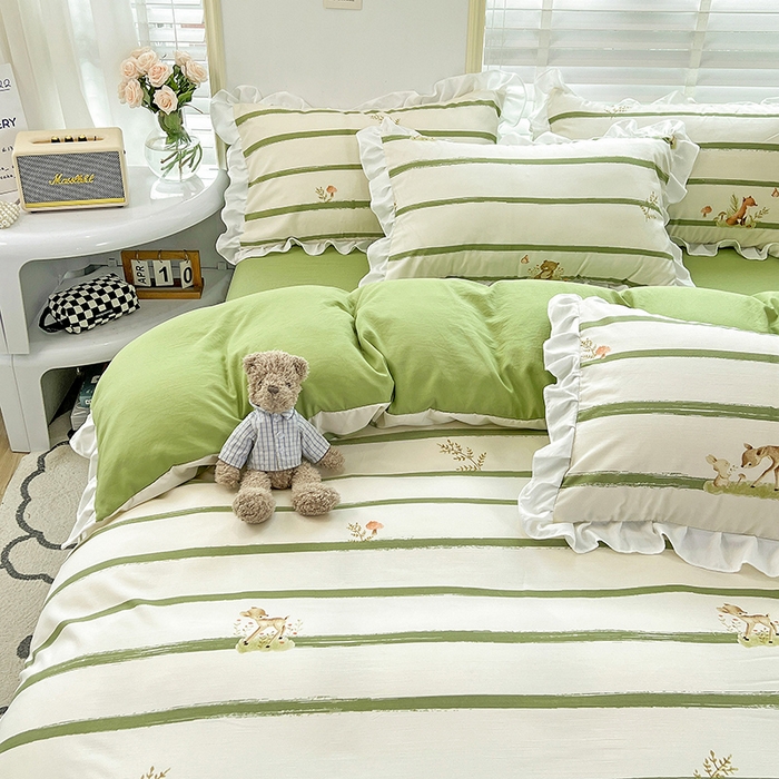 91家纺网 家纺一手货源 找家纺 澳梵 2023新款【怦然心动】系列-水洗棉麻双层纱四件套 小鹿兔