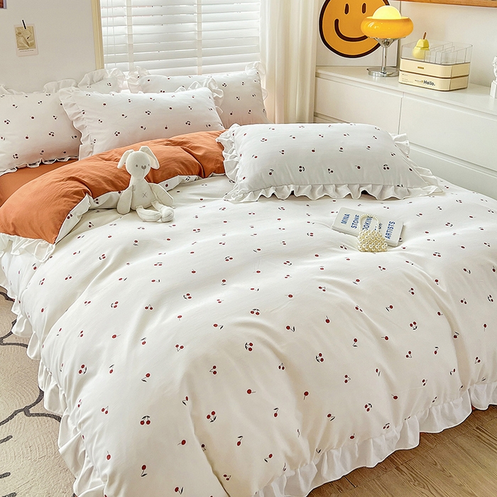 91家纺网 家纺一手货源 找家纺 澳梵 2023新款【怦然心动】系列-水洗棉麻双层纱四件套 小樱桃