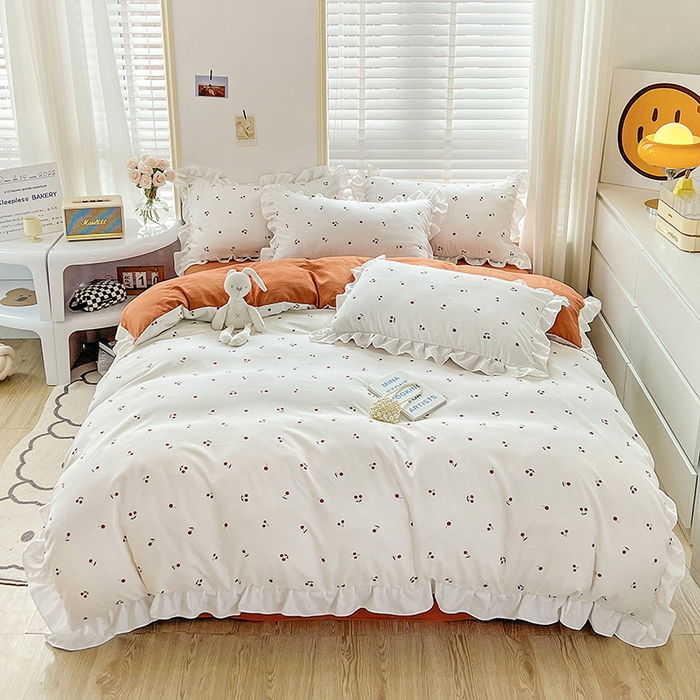 91家纺网 家纺一手货源 找家纺 澳梵 2023新款【怦然心动】系列-水洗棉麻双层纱四件套 小樱桃