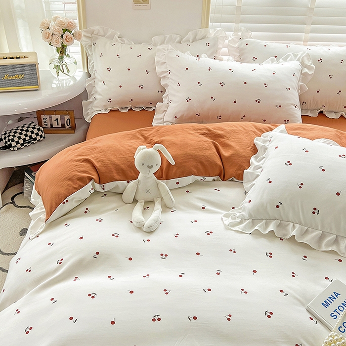 91家纺网 家纺一手货源 找家纺 澳梵 2023新款【怦然心动】系列-水洗棉麻双层纱四件套 小樱桃