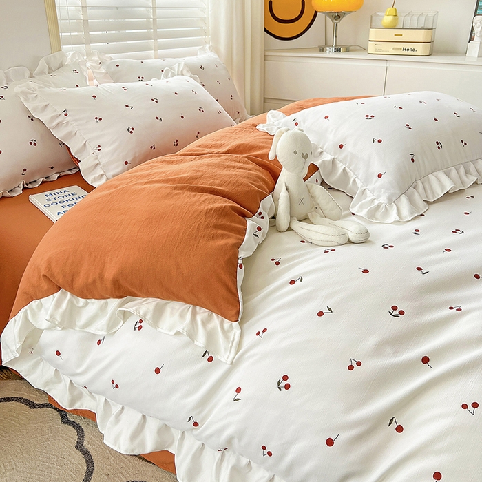 91家纺网 家纺一手货源 找家纺 澳梵 2023新款【怦然心动】系列-水洗棉麻双层纱四件套 小樱桃