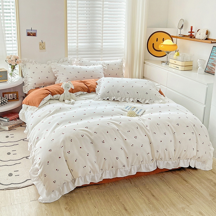 91家纺网 家纺一手货源 找家纺 澳梵 2023新款【怦然心动】系列-水洗棉麻双层纱四件套 小樱桃