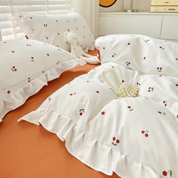 91家纺网 家纺一手货源 找家纺 澳梵 2023新款【怦然心动】系列-水洗棉麻双层纱四件套 小樱桃