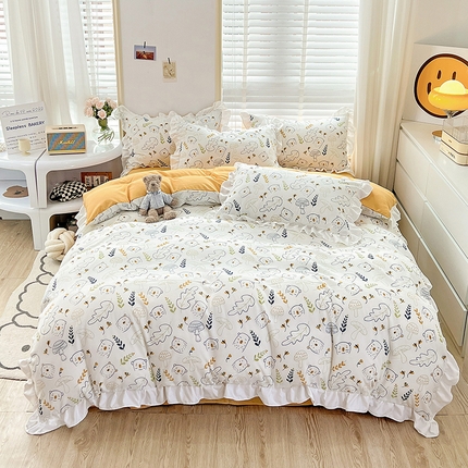 91家纺网 家纺一手货源 找家纺 澳梵 2023新款【怦然心动】系列-水洗棉麻双层纱四件套 萌萌熊