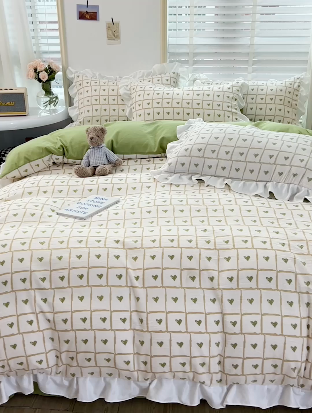 91家纺网 家纺一手货源 找家纺 澳梵 2023新款【怦然心动】系列-水洗棉麻双层纱四件套 格子心心