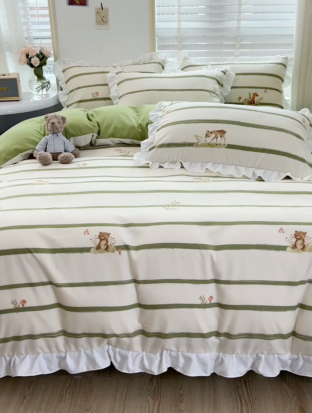 91家纺网 家纺一手货源 找家纺 澳梵 2023新款【怦然心动】系列-水洗棉麻双层纱四件套 小鹿兔