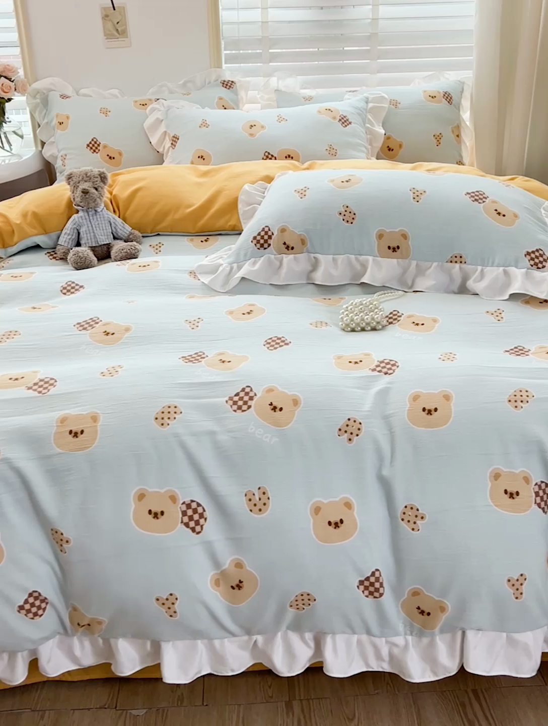 91家纺网 家纺一手货源 找家纺 澳梵 2023新款【怦然心动】系列-水洗棉麻双层纱四件套 嘟嘟熊