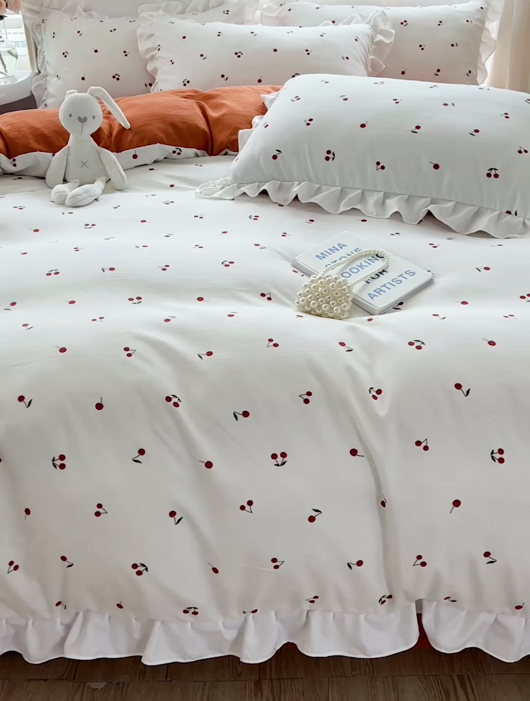 91家纺网 家纺一手货源 找家纺 澳梵 2023新款【怦然心动】系列-水洗棉麻双层纱四件套 小樱桃