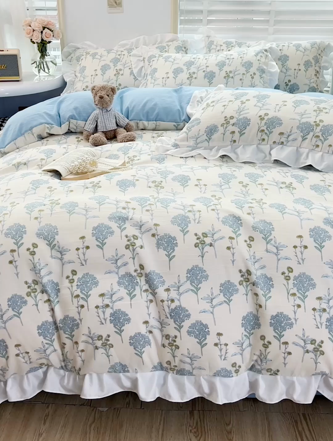 91家纺网 家纺一手货源 找家纺 澳梵 2023新款【怦然心动】系列-水洗棉麻双层纱四件套 海芋恋人-蓝