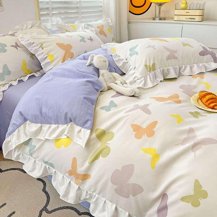 91家纺网 家纺一手货源 找家纺 澳梵 2023新款【怦然心动】系列-水洗棉麻双层纱四件套 蝴蝶