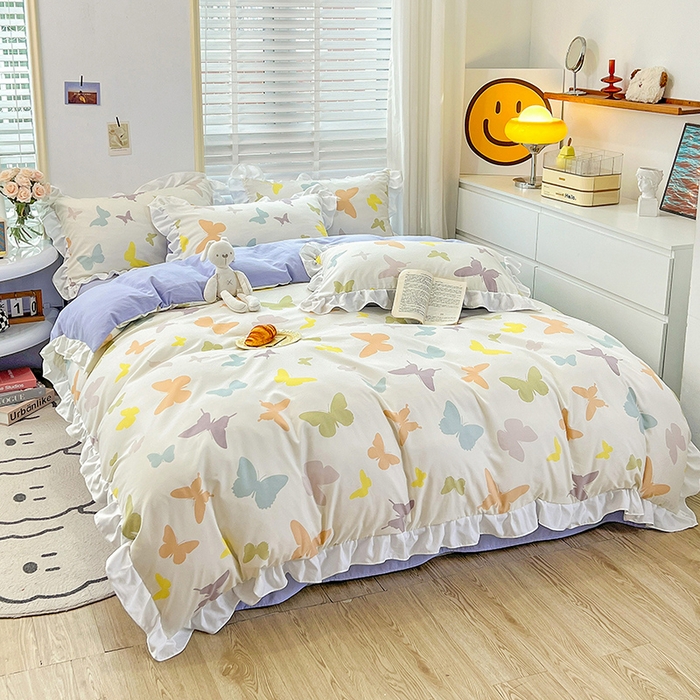 91家纺网 家纺一手货源 找家纺 澳梵 2023新款【怦然心动】系列-水洗棉麻双层纱四件套 蝴蝶