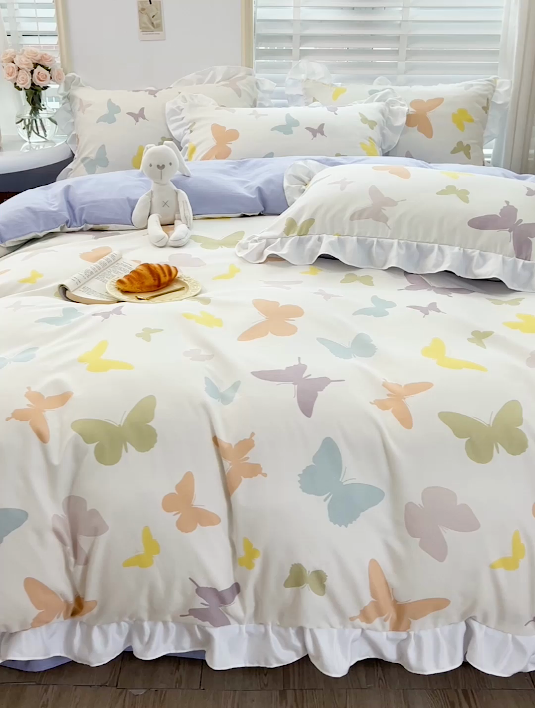 91家纺网 家纺一手货源 找家纺 澳梵 2023新款【怦然心动】系列-水洗棉麻双层纱四件套 蝴蝶