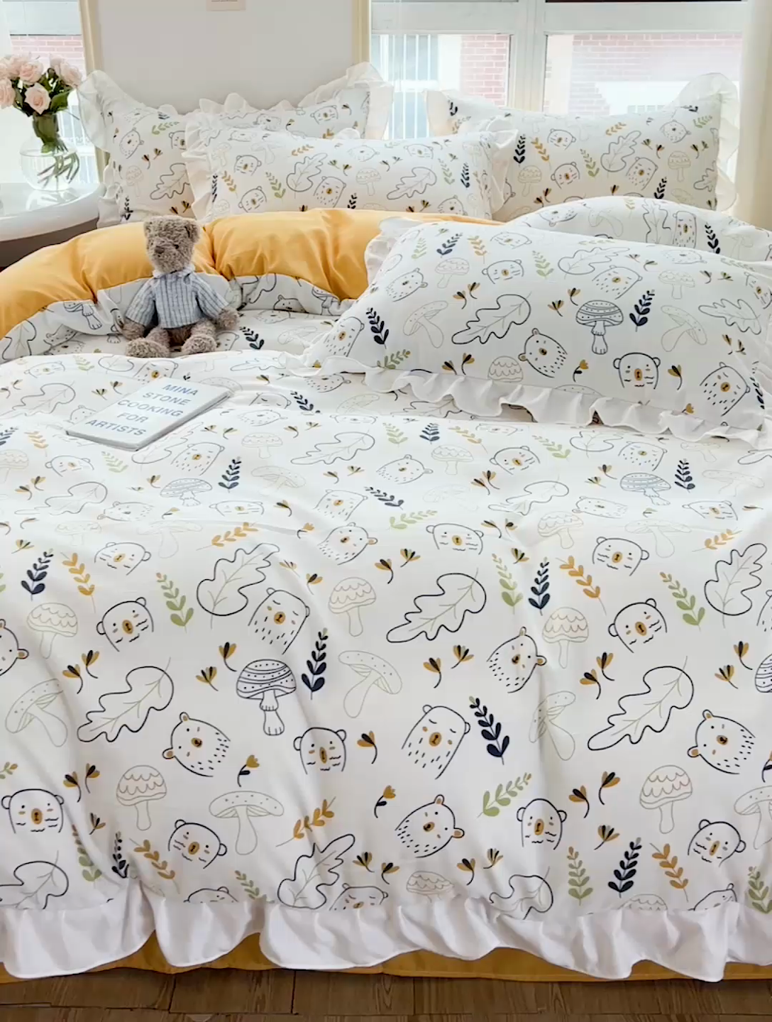 91家纺网 家纺一手货源 找家纺 澳梵 2023新款【怦然心动】系列-水洗棉麻双层纱四件套 萌萌熊