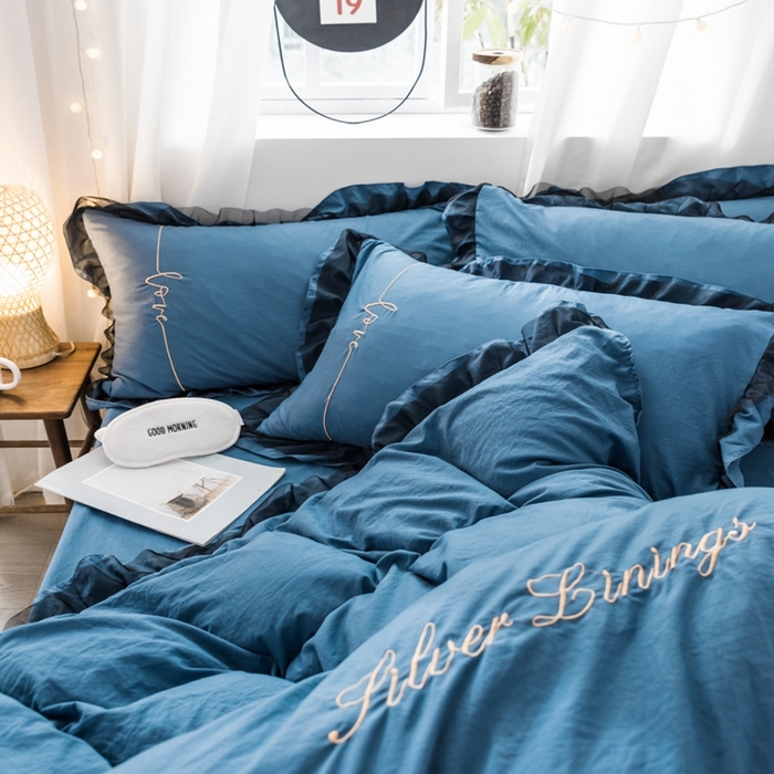 91家纺网 家纺一手货源 找家纺 苏木年华2023新款水洗棉蕾丝刺绣四件套 宝蓝