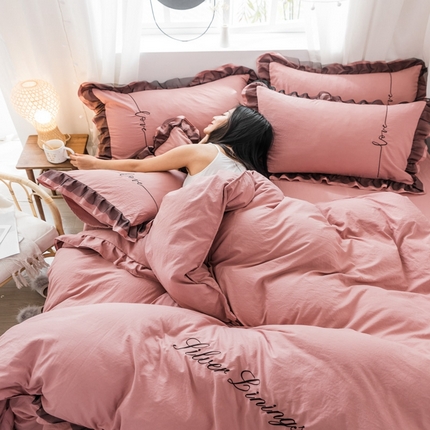 苏木年华2023新款水洗棉蕾丝刺绣四件套 藕粉