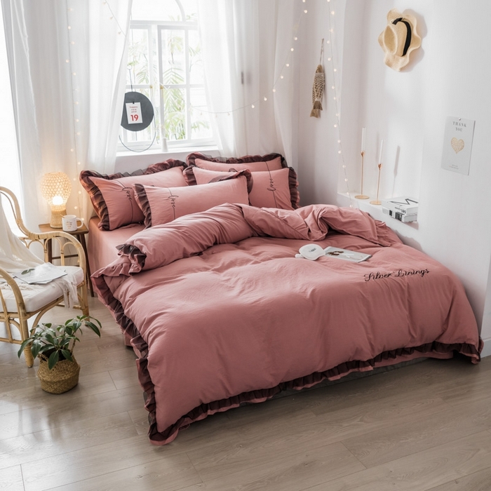 91家纺网 家纺一手货源 找家纺 苏木年华2023新款水洗棉蕾丝刺绣四件套 藕粉