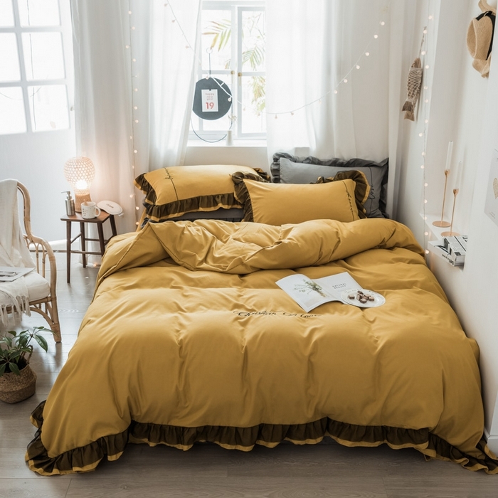 91家纺网 家纺一手货源 找家纺 苏木年华2023新款水洗棉蕾丝刺绣四件套 姜黄