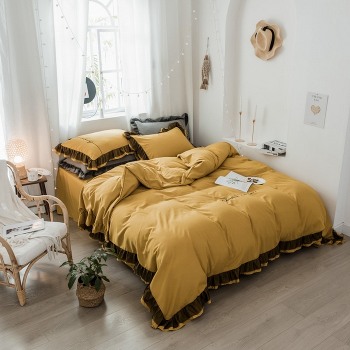 91家纺网 家纺一手货源 找家纺 苏木年华2023新款水洗棉蕾丝刺绣四件套 姜黄