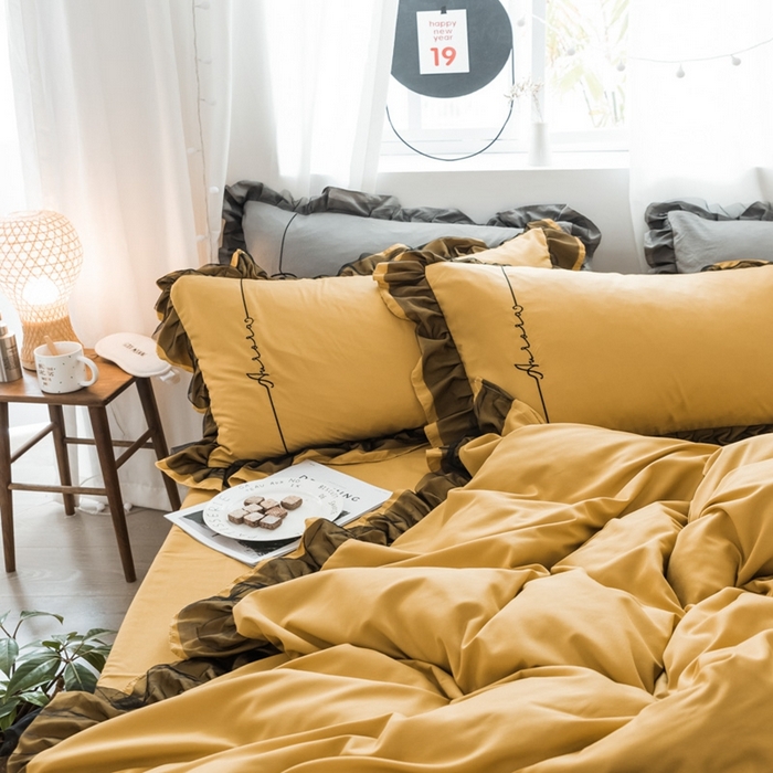 91家纺网 家纺一手货源 找家纺 苏木年华2023新款水洗棉蕾丝刺绣四件套 姜黄