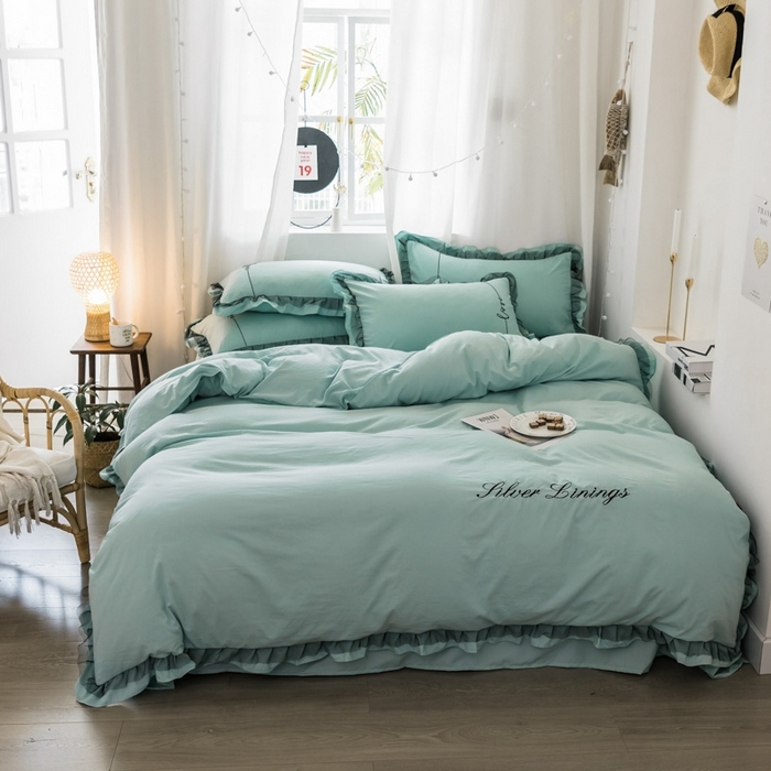 91家纺网 家纺一手货源 找家纺 苏木年华2023新款水洗棉蕾丝刺绣四件套 薄荷