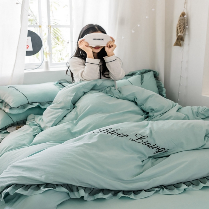 91家纺网 家纺一手货源 找家纺 苏木年华2023新款水洗棉蕾丝刺绣四件套 薄荷