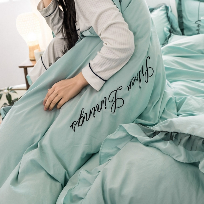 91家纺网 家纺一手货源 找家纺 苏木年华2023新款水洗棉蕾丝刺绣四件套 薄荷