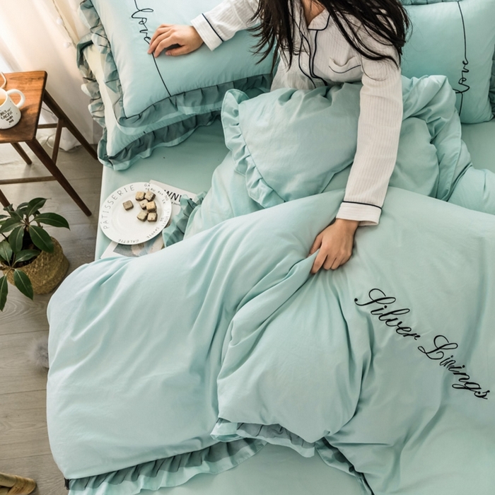 91家纺网 家纺一手货源 找家纺 苏木年华2023新款水洗棉蕾丝刺绣四件套 薄荷