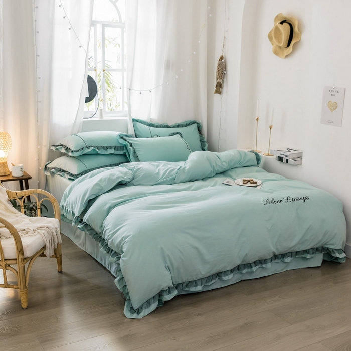 91家纺网 家纺一手货源 找家纺 苏木年华2023新款水洗棉蕾丝刺绣四件套 薄荷