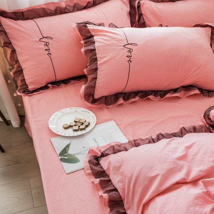 91家纺网 家纺一手货源 找家纺 苏木年华2023新款水洗棉蕾丝刺绣四件套 粉色