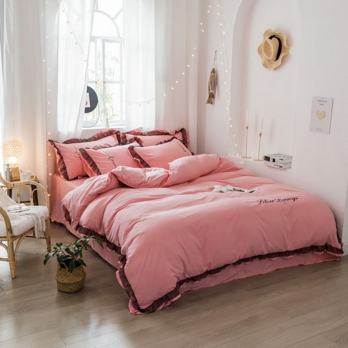 91家纺网 家纺一手货源 找家纺 苏木年华2023新款水洗棉蕾丝刺绣四件套 粉色