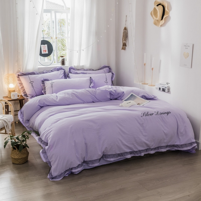 91家纺网 家纺一手货源 找家纺 苏木年华2023新款水洗棉蕾丝刺绣四件套 裸紫