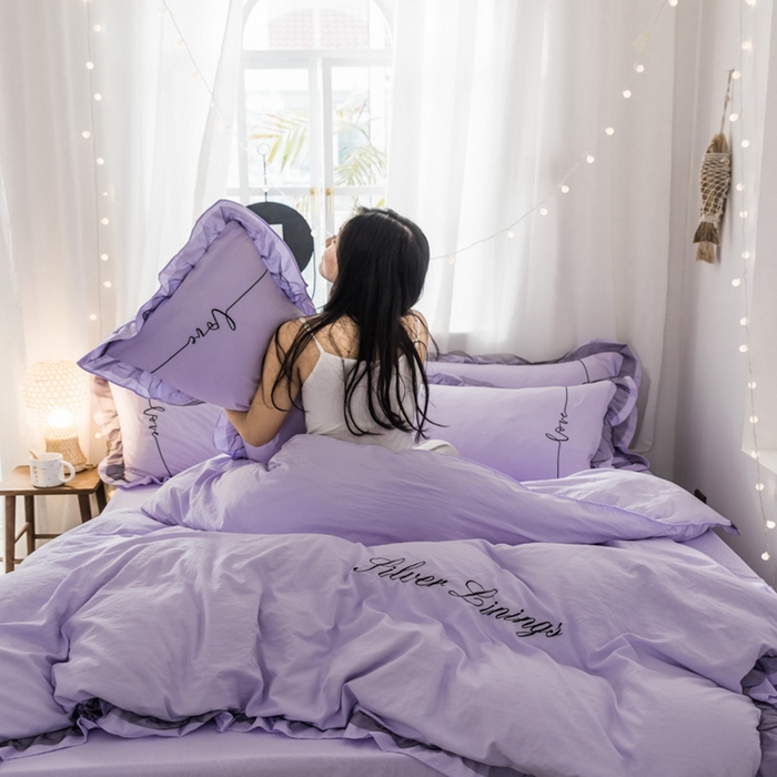 91家纺网 家纺一手货源 找家纺 苏木年华2023新款水洗棉蕾丝刺绣四件套 裸紫