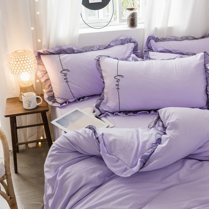 91家纺网 家纺一手货源 找家纺 苏木年华2023新款水洗棉蕾丝刺绣四件套 裸紫