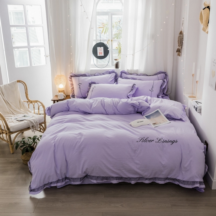 91家纺网 家纺一手货源 找家纺 苏木年华2023新款水洗棉蕾丝刺绣四件套 裸紫