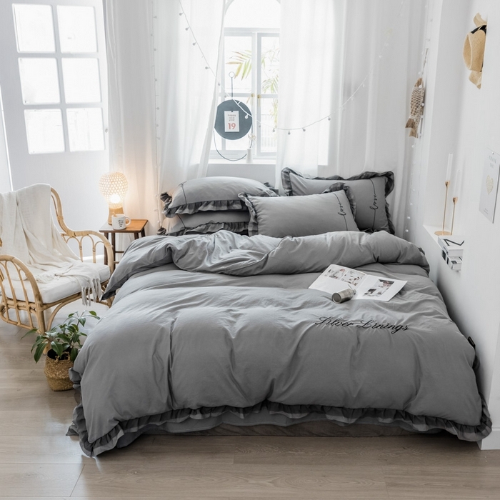 91家纺网 家纺一手货源 找家纺 苏木年华2023新款水洗棉蕾丝刺绣四件套 中灰