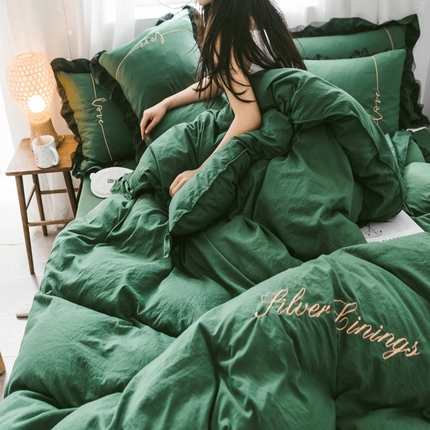 苏木年华2023新款水洗棉蕾丝刺绣四件套 墨绿